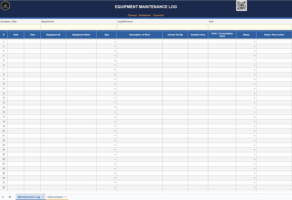 Equipment Maintenance Log preview