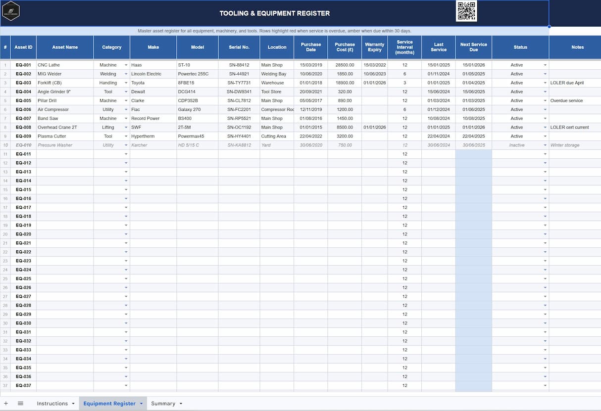 Tooling & Equipment Register preview